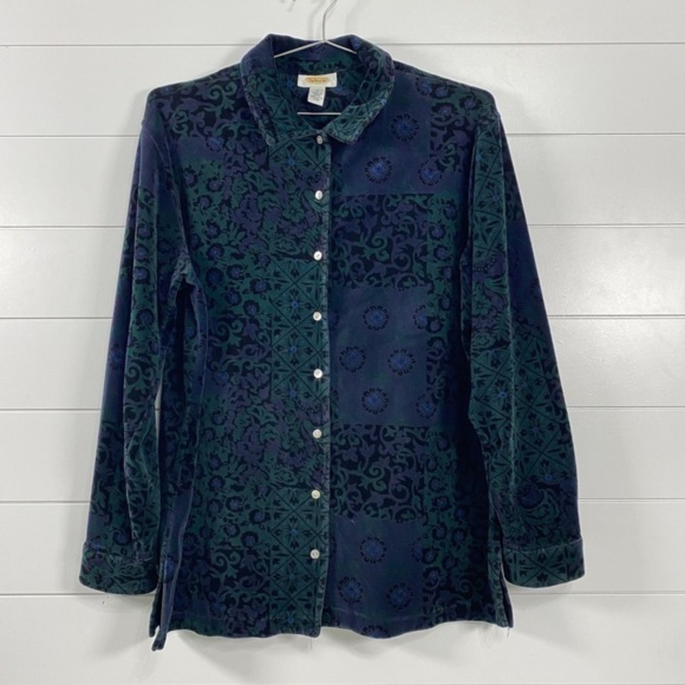 Talbots Shirt Womens Medium Blue Green Velvet Button Down Floral Long Sleeve Top